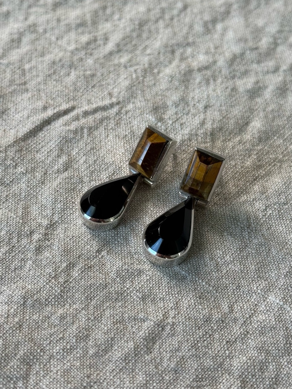 Vintage Taxco Mexico 950 Silver Drop Earrings - Tiger's Eye & Black Onyx, TP-07
